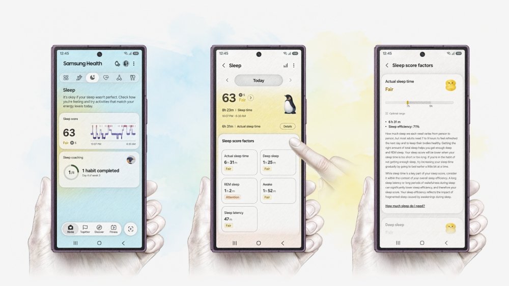 Telas ilustrativas do Samsung Health com dados do sono