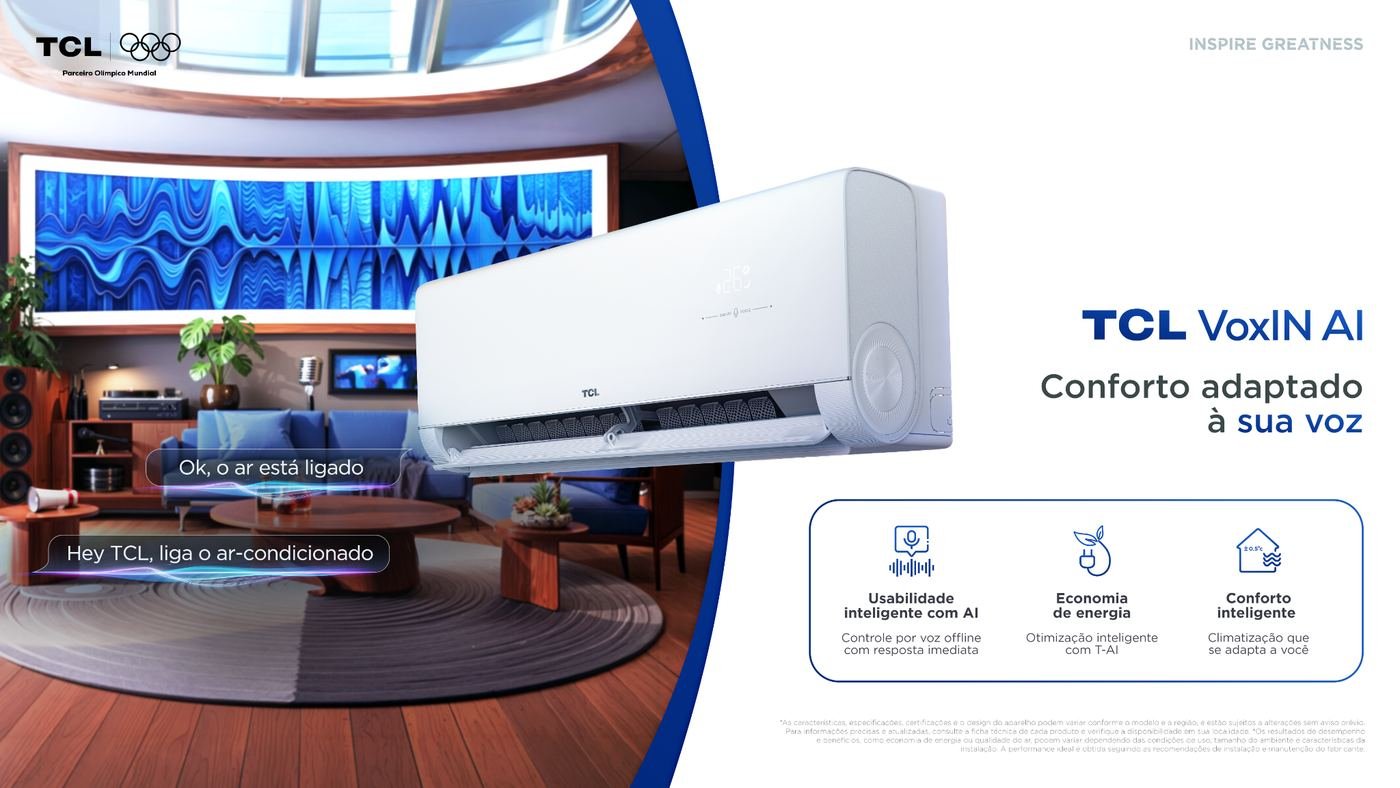 Ar-condicionado TCL VoxIN AI instalado em sala de estar, com balões de comando de voz 'Hey TCL, liga o ar-condicionado' e destaque para controle por voz offline, economia de energia com T-AI e conforto inteligente