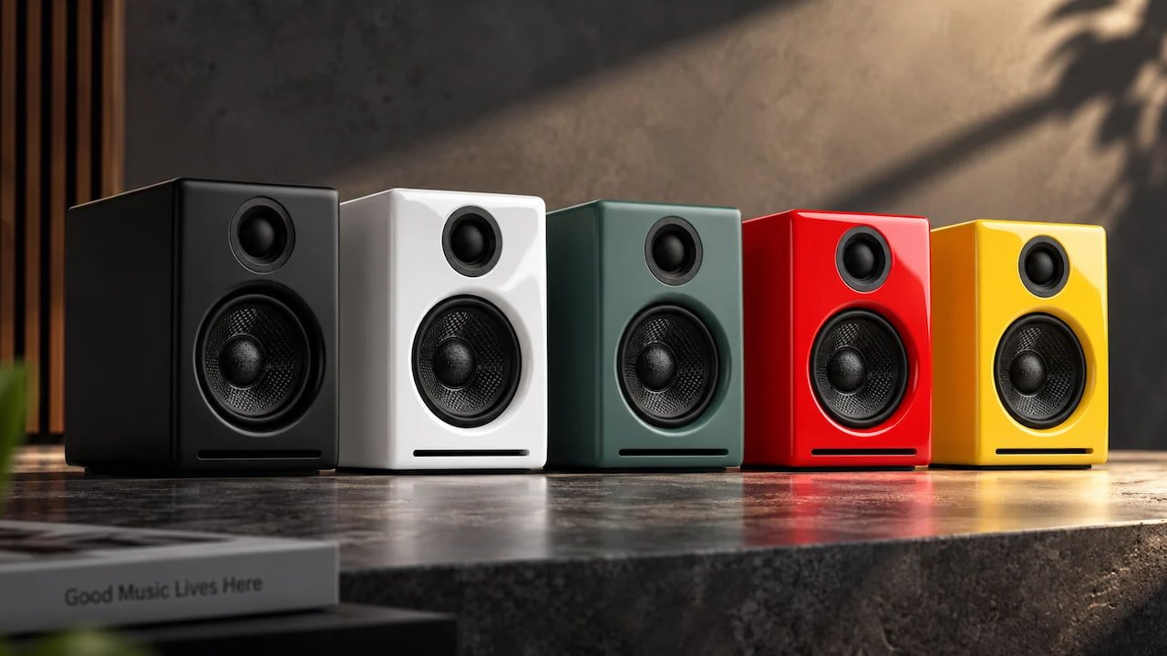 Caixas ativas Audioengine A2+ Gen 3 em diferentes cores lado a lado