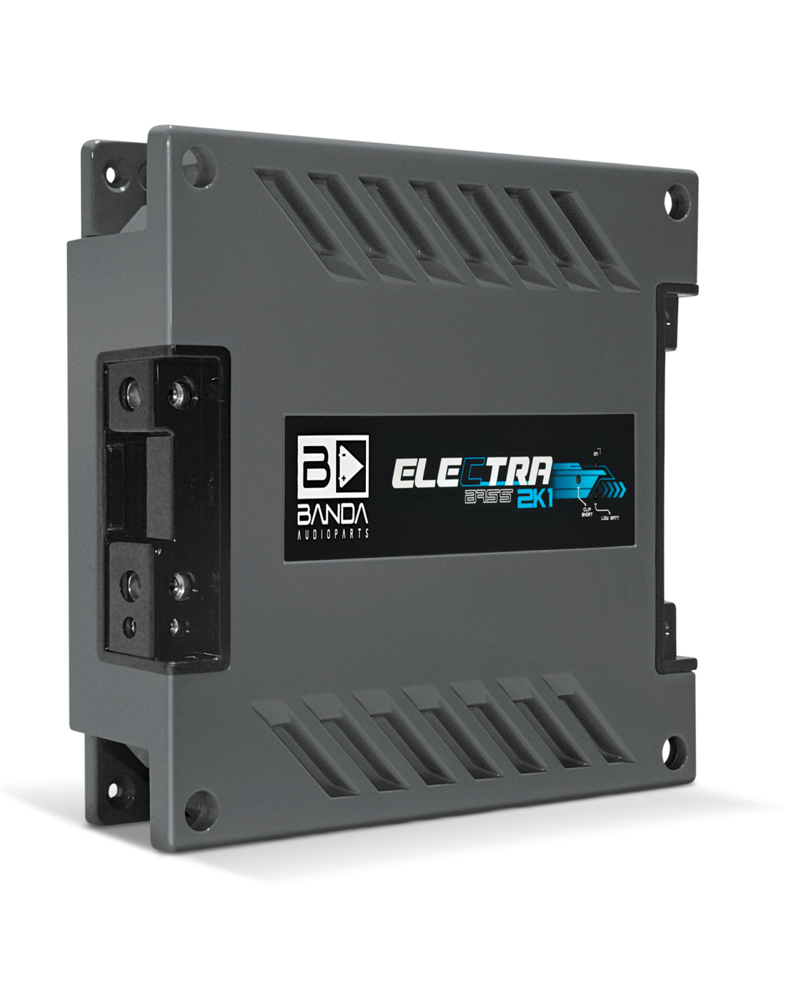 Módulo amplificador automotivo mono Banda Electra Bass 2K em chassi de alumínio cinza, foto oficial do fabricante