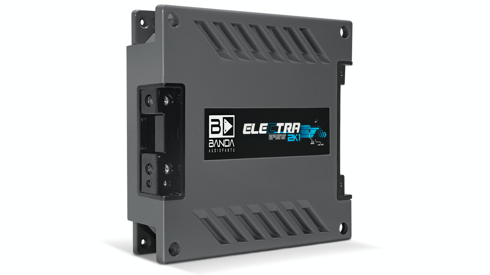 Módulo amplificador automotivo mono Banda Electra Bass 2K em chassi de alumínio cinza, foto oficial do fabricante