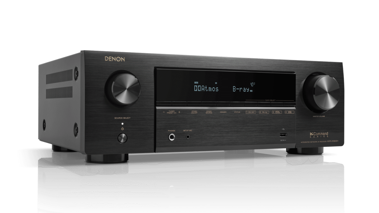 Receiver AV Denon AVR-X1800H preto visto de frente em ângulo, com display e botão de volume