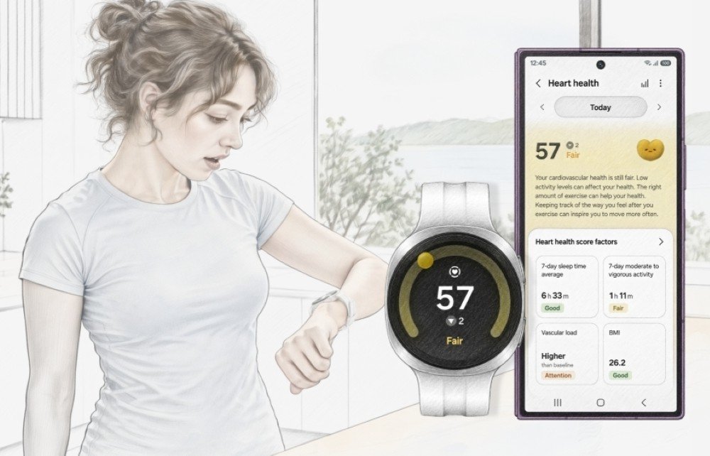 Mulher olha o Galaxy Watch no pulso ao lado de celular Galaxy com a pontuação de saúde do coração do Samsung Health