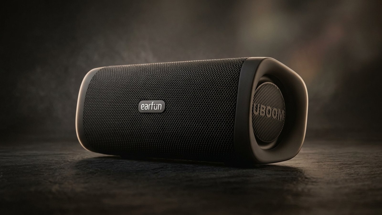 EarFun UBoom L em composição editorial do Guia do Áudio a partir da foto real do produto