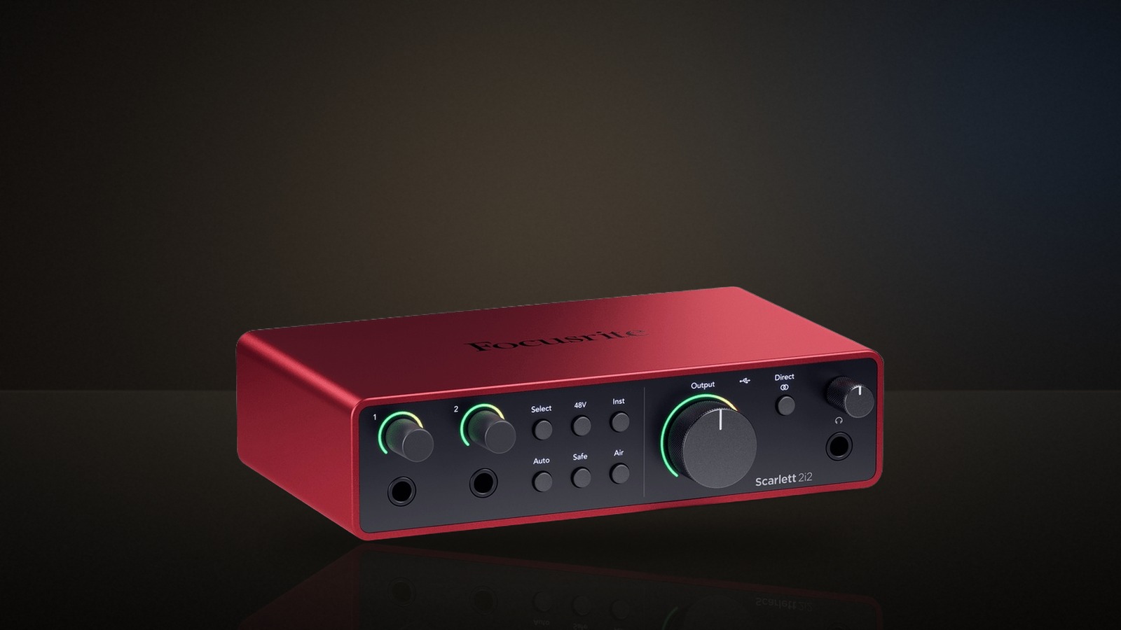 Focusrite Scarlett 2i2 (4th Generation) em composição editorial do Guia do Áudio a partir da foto real do produto