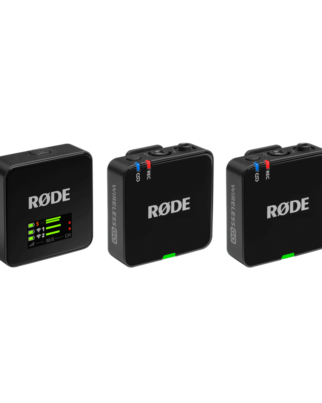 Transmissor do microfone sem fio Rode Wireless GO (Gen 3) preto visto em ângulo de três quartos