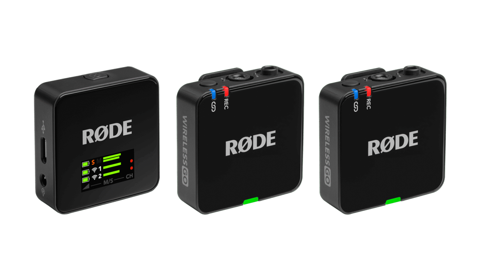 Transmissor do microfone sem fio Rode Wireless GO (Gen 3) preto visto em ângulo de três quartos