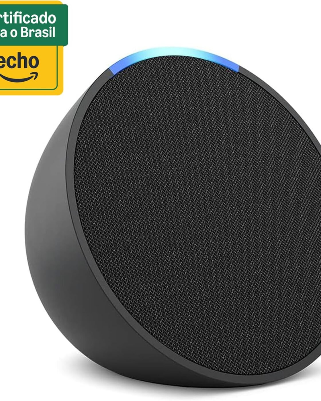 Smart speaker Amazon Echo Pop preto, formato de meia-esfera com barra de luz