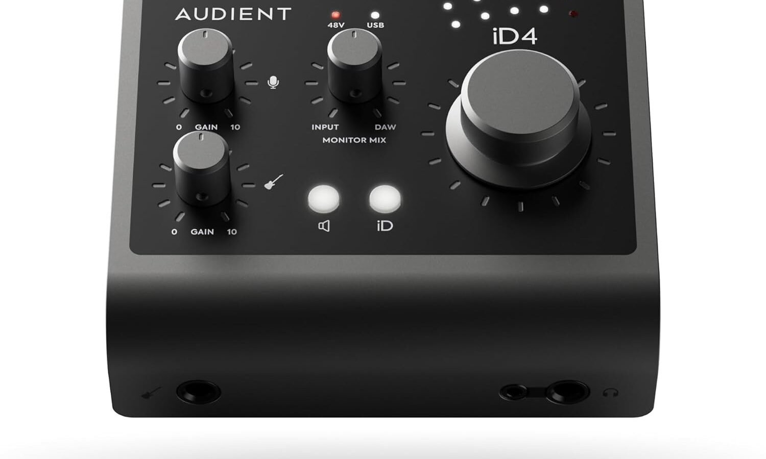 Interface de áudio Audient iD4 MkII com knob de volume grande e entradas no painel frontal