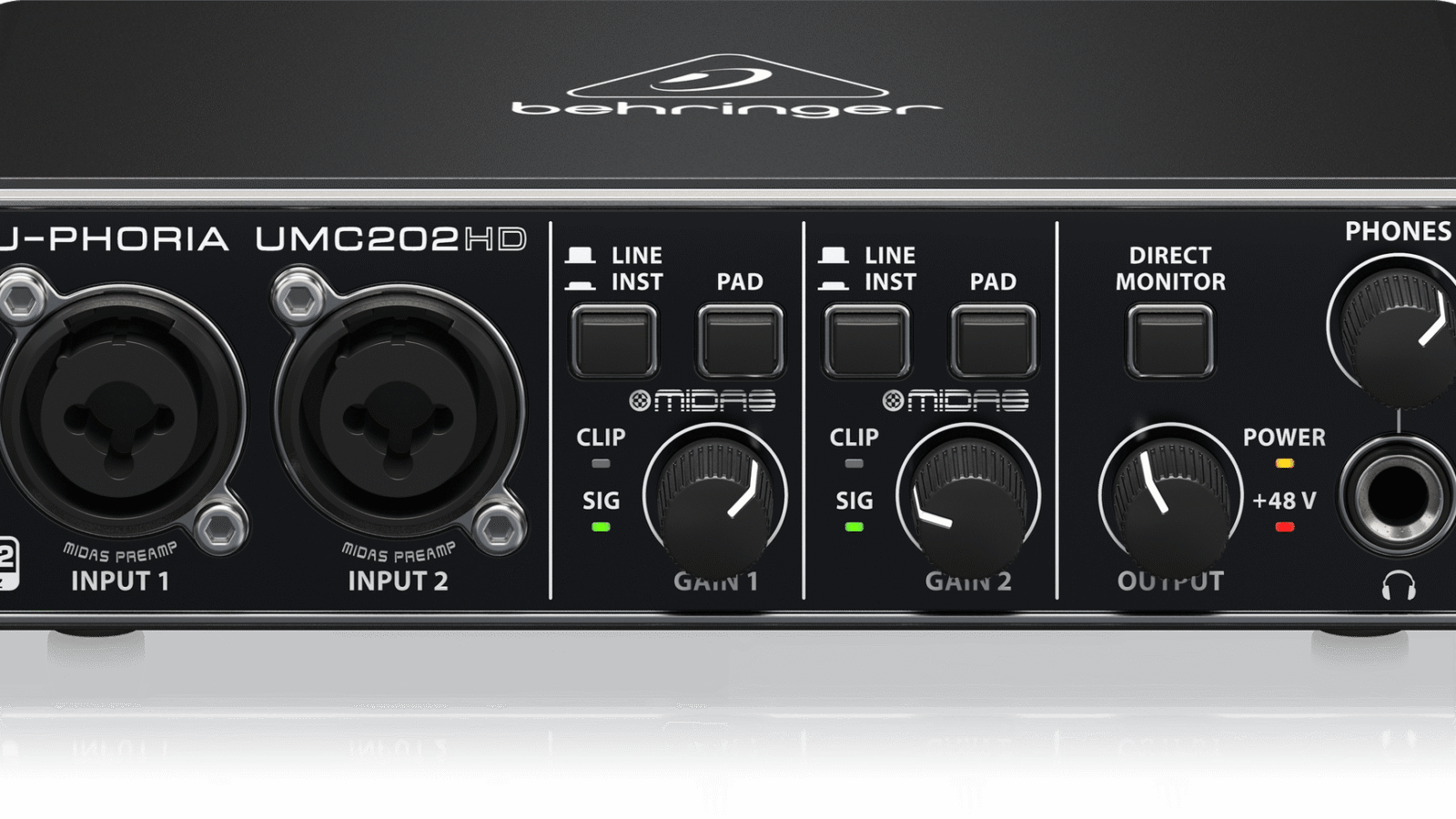 Interface de áudio Behringer U-Phoria UMC202HD vista de frente, com duas entradas combo, botões de ganho Midas, Direct Monitor e saída de fone