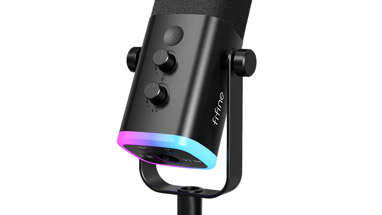 Microfone dinâmico Fifine AmpliGame AM8 preto na base de mesa, com botões de ganho e volume e faixa de luz RGB