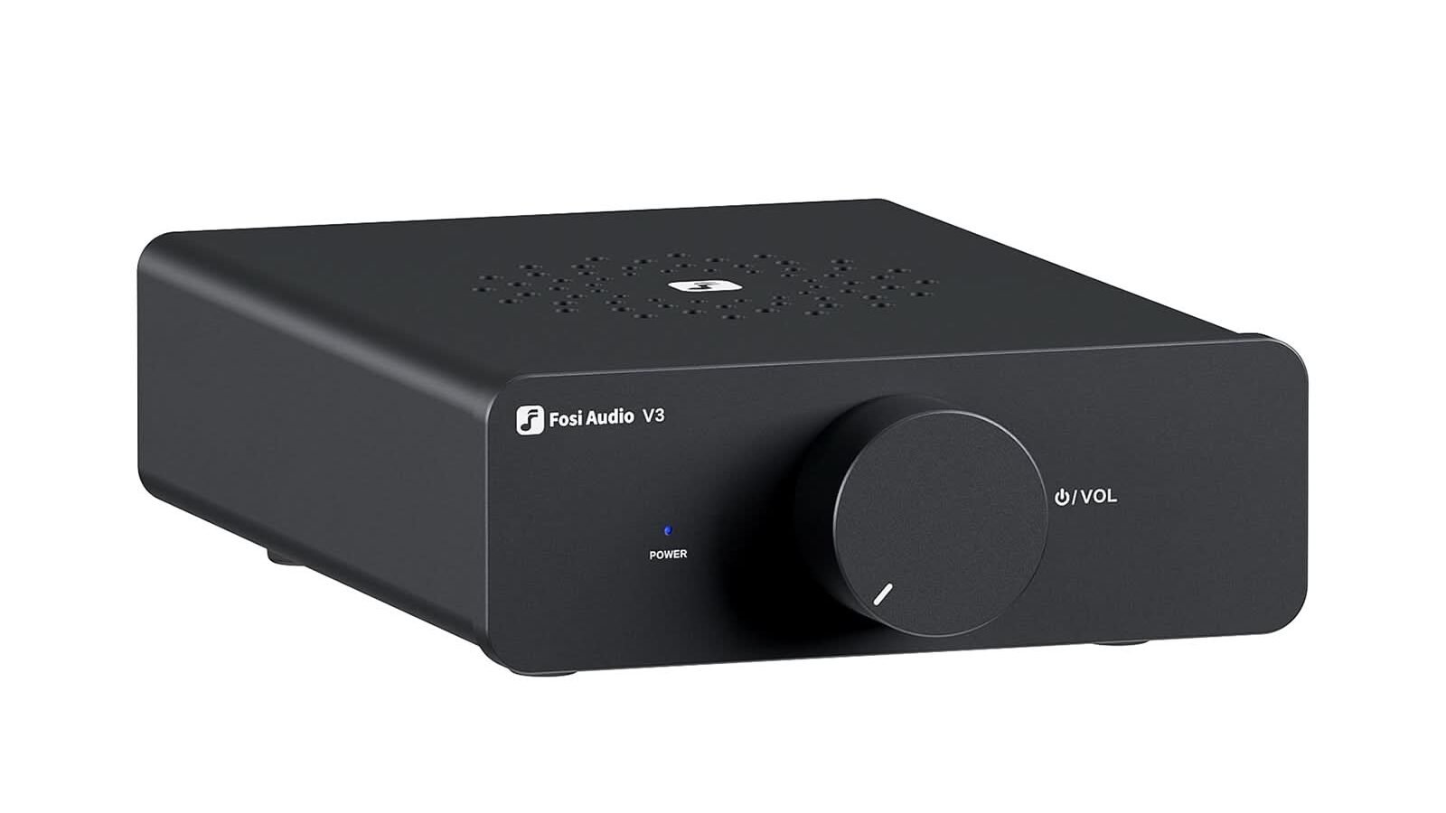 Amplificador estéreo Fosi Audio V3 preto, visto em ângulo, com botão de volume central e LED azul de energia no painel frontal