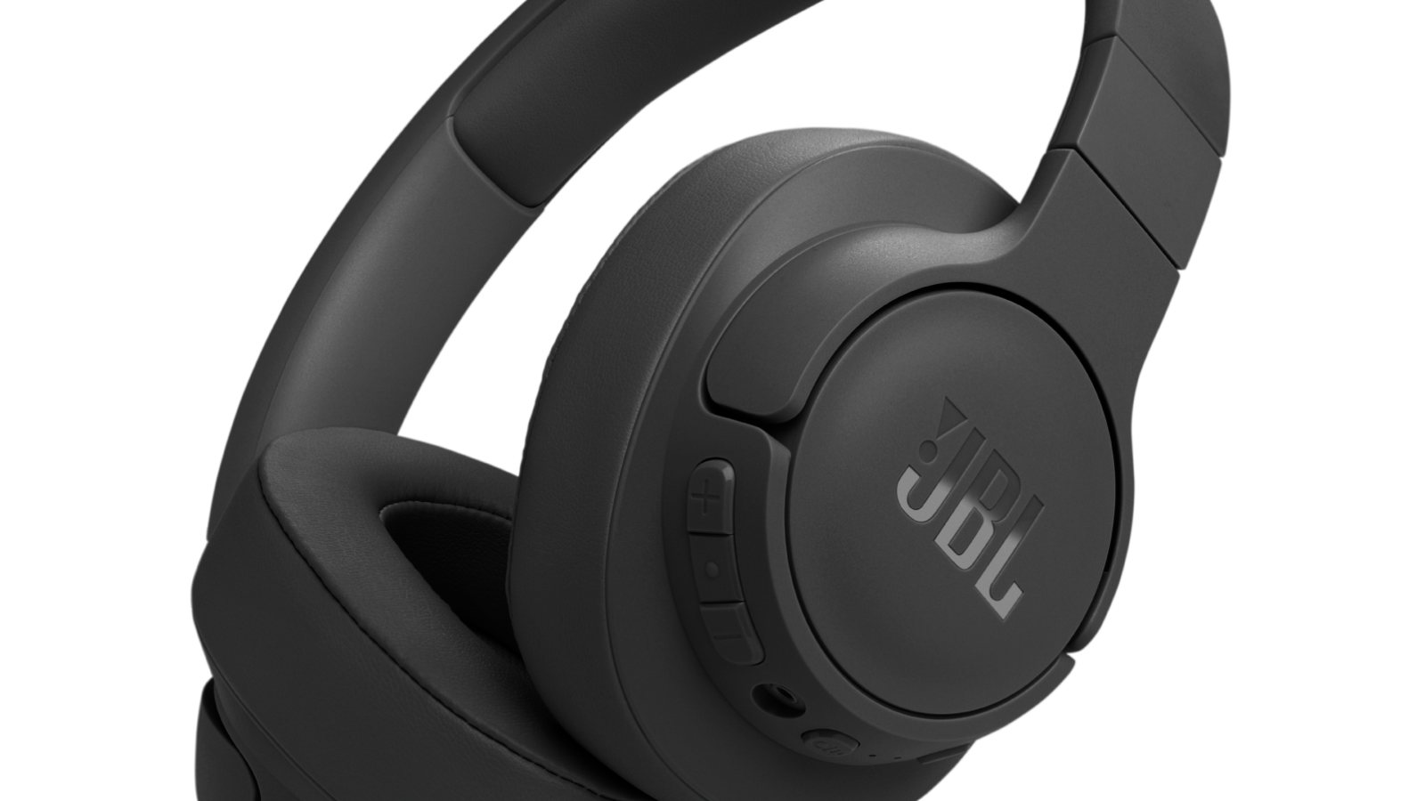 Fone de ouvido JBL Tune 770NC na cor preta, visto de três quartos, com arco acolchoado e conchas ovais