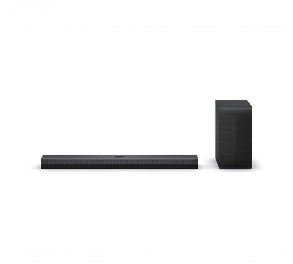 Soundbar LG S70TY preta com subwoofer sem fio, vista de frente sobre fundo branco
