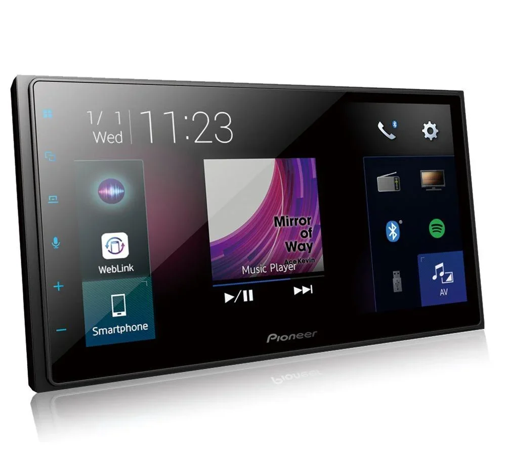 Central multimídia Pioneer DMH-Z5380TV 2 DIN com tela de 6,8 polegadas exibindo a interface inicial com WebLink, Bluetooth e Spotify