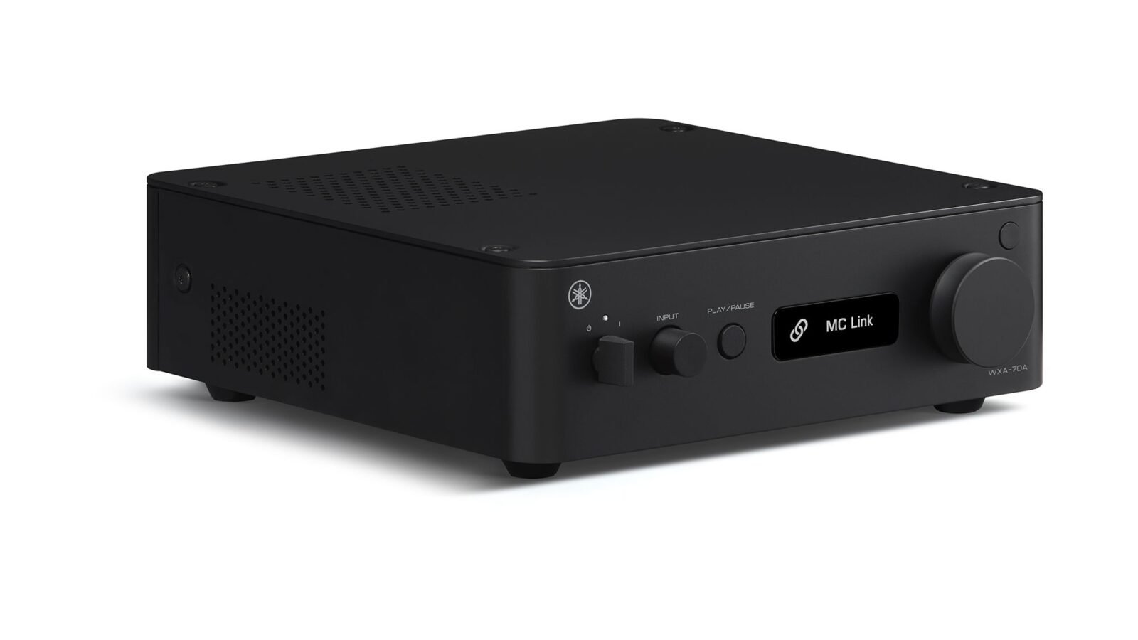 Amplificador de streaming Yamaha WXA-70A preto, vista frontal com display OLED