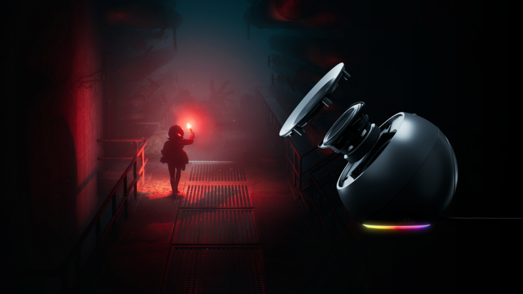 Vista explodida da caixa Razer Mako X com driver full-range e iluminação inferior, sobre cena do jogo End of Abyss