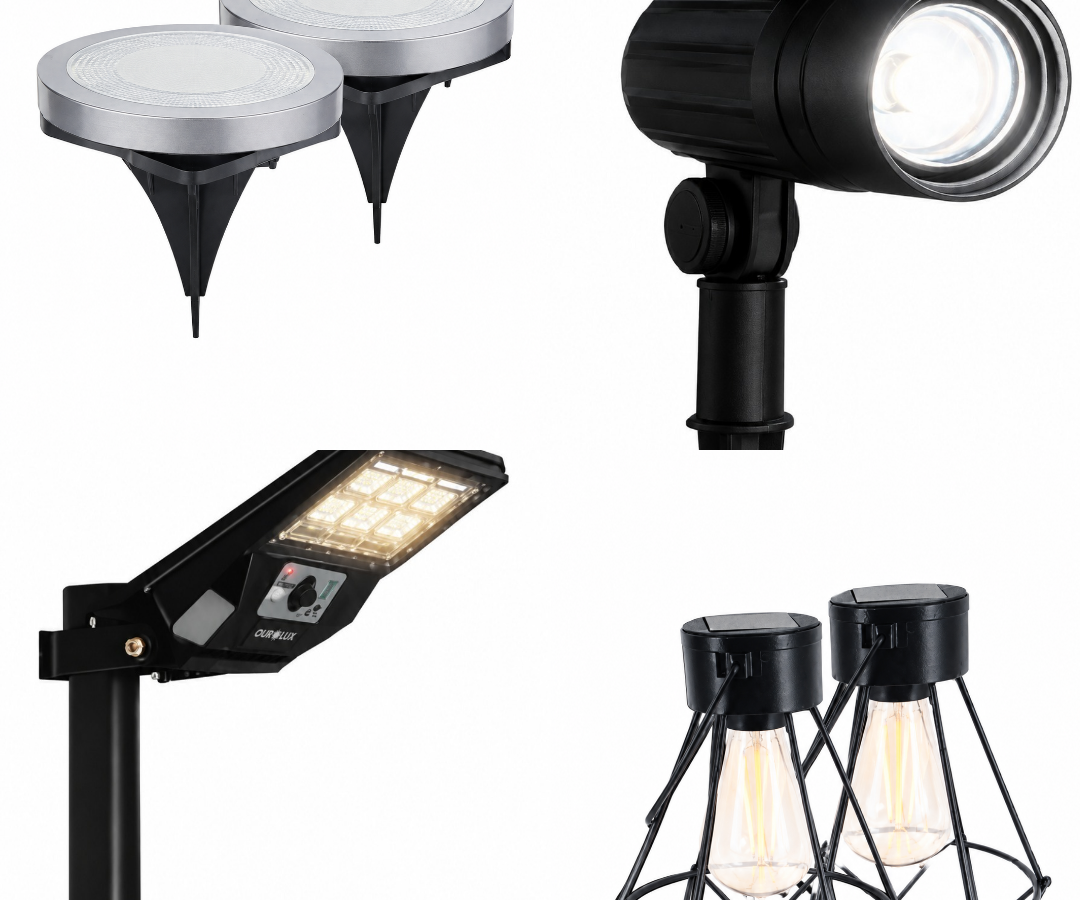 Produtos da linha solar Ourolux: Balizador Orion, Lamparina Estella, Luminária Poste e Espeto LED