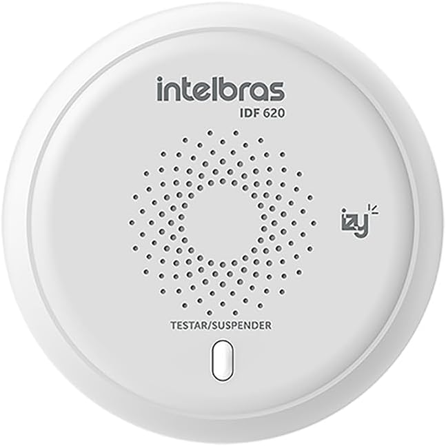 Detector de fumaça Intelbras IDF 620, redondo e branco, visto de frente, com furos de ventilação em círculo, logo Izy e botão Testar/Suspender