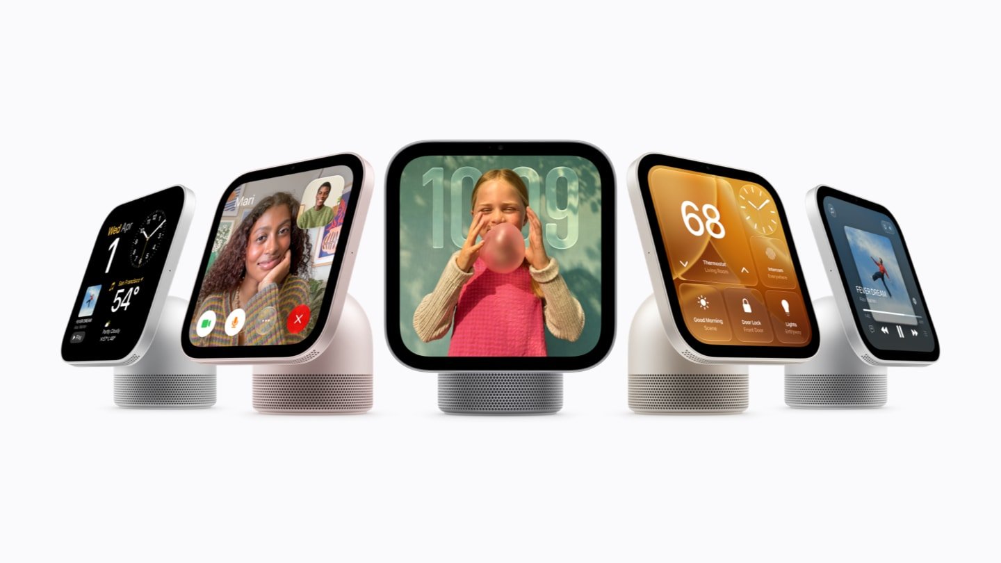 Cinco aparelhos Apple HomeView com tela de 7 polegadas e base com alto-falante, exibindo música, FaceTime e controles da casa.