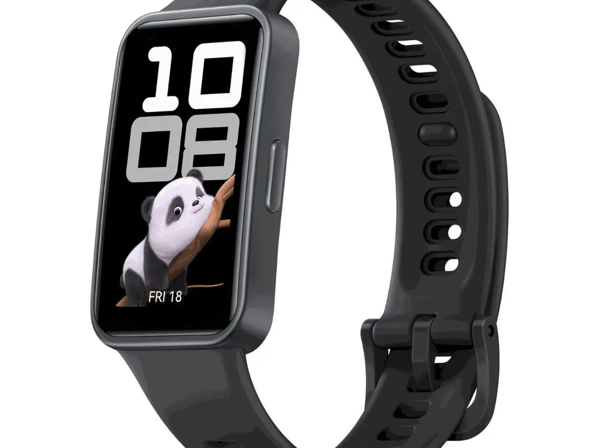 Smartband Huawei Band 10 preta com tela retangular mostrando a hora 10:08