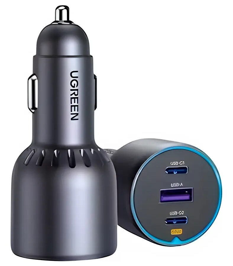 Carregador veicular UGREEN PD 75 W preto com uma porta USB-C e uma USB-A para tomada 12 V do carro