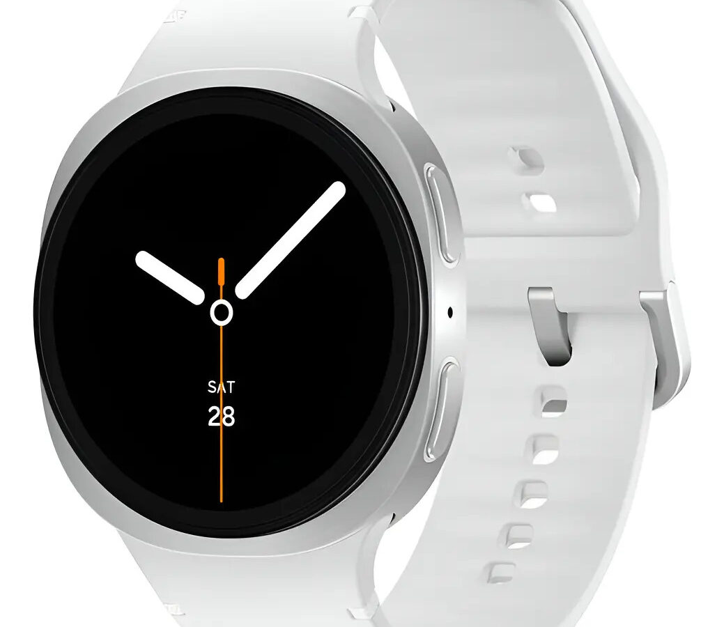 Smartwatch Samsung Galaxy Watch8 com caixa prata, tela redonda com ponteiros e pulseira branca