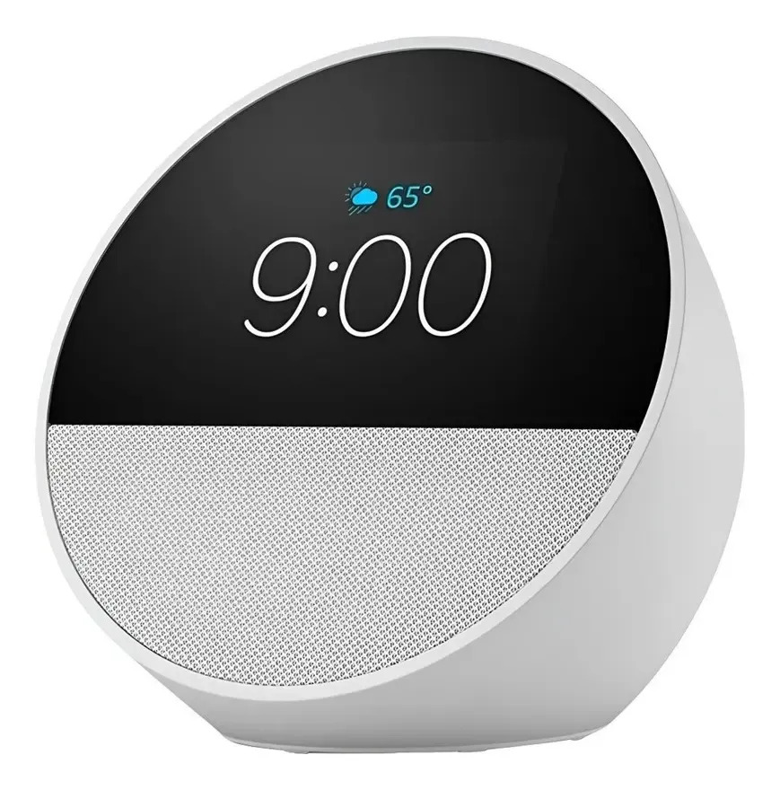 Echo Spot branco, despertador com Alexa de tela semicircular mostrando 9:00 e a temperatura