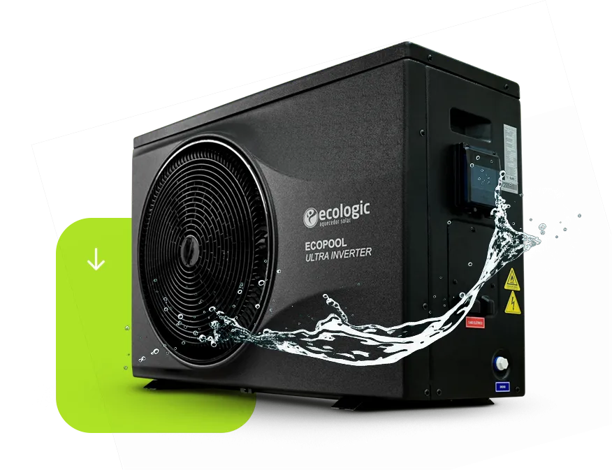 Bomba de calor para piscina Ecologic Ecopool Ultra Inverter, gabinete preto com ventilador frontal grande, sobre fundo verde com um jato de água passando na frente