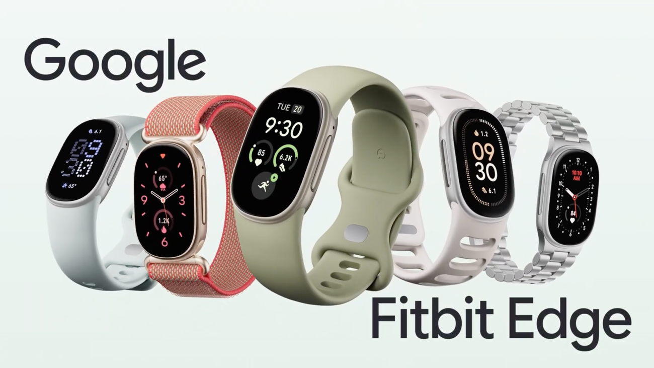 "Pulseiras Google Fitbit Edge em várias cores lado a lado, com telas mostrando relógio e dados de treino"