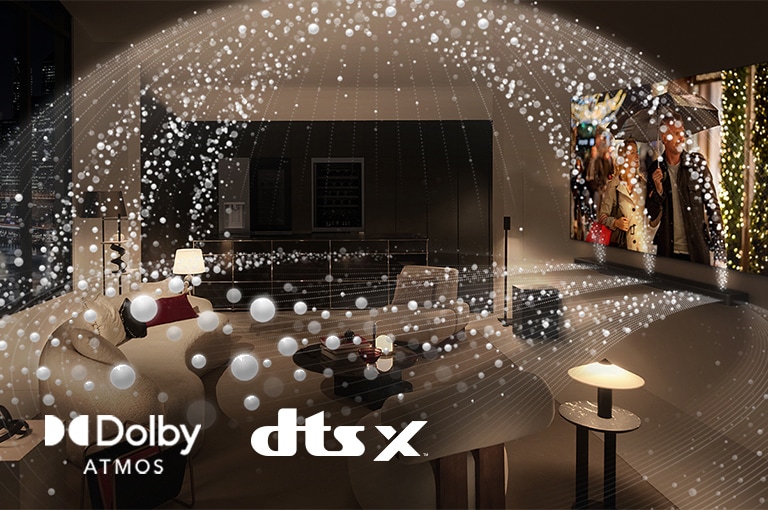 Sala de estar envolvida por cúpula sonora ilustrada de soundbar LG com logos Dolby Atmos e DTS:X