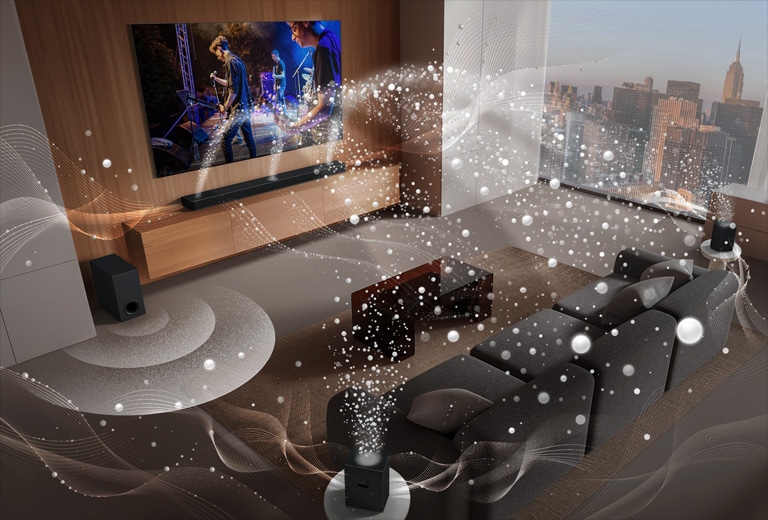 Home theater LG com soundbar, subwoofer e caixas traseiras espalhando som pela sala