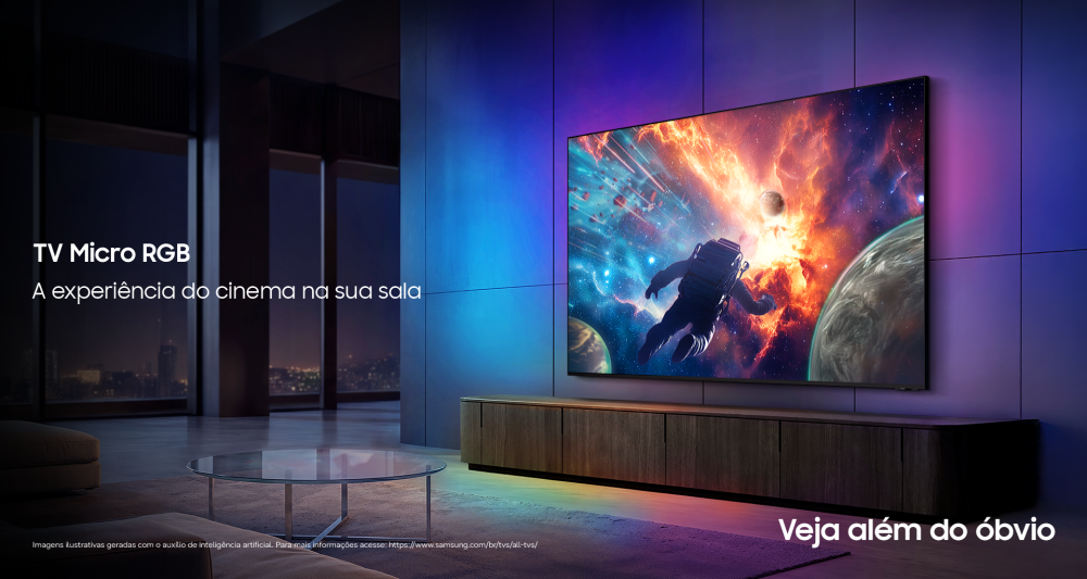 Smart TV Samsung Micro RGB na sala exibindo imagem colorida, ilustrando a polêmica do rastreamento ACR nas TVs Samsung