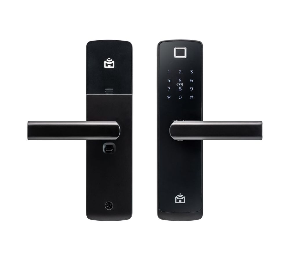 Fechadura digital Positivo Smart Fechadura Wi-Fi de Embutir preta, vista de frente com leitor de digital e teclado numérico e vista de trás, com maçanetas de alavanca
