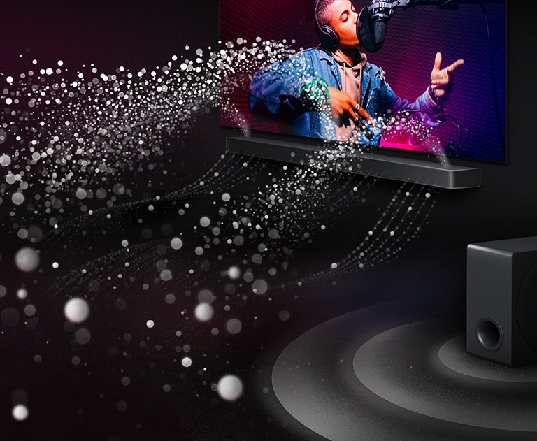 Soundbar LG sob TV com ondas sonoras ilustradas e subwoofer sem fio ao lado