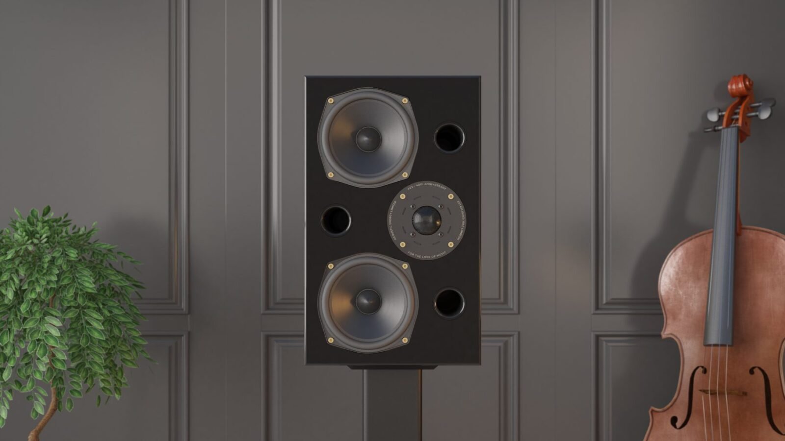 Par de caixas Acoustic Energy AE2 40th Anniversary pretas em pedestais numa sala de estar