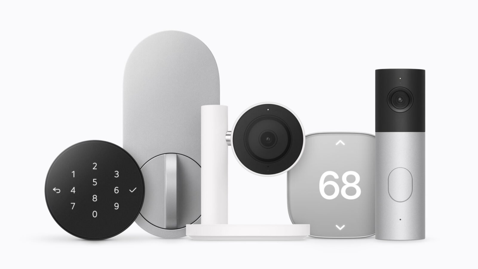 Produtos da Apple Home Collection lado a lado: teclado e fechadura Deadbolt da LG, câmera interna branca, termostato mostrando 68 graus e campainha com vídeo prateada, em fundo cinza claro