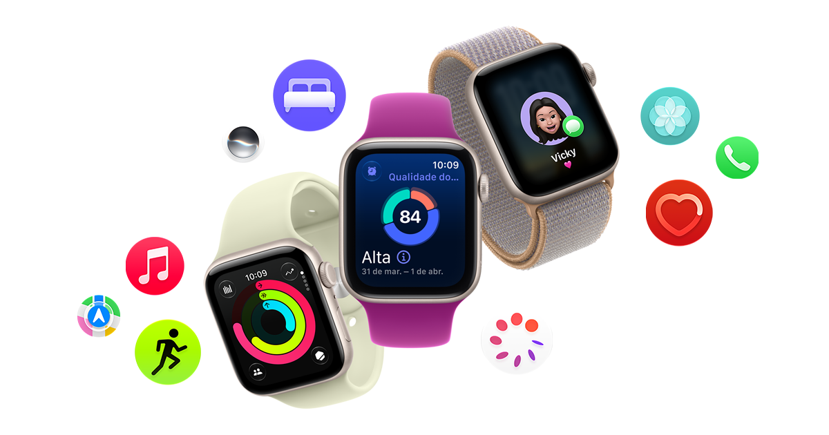 Três Apple Watch SE 3 com pulseiras coloridas, um deles mostrando a qualidade do sono, em imagem oficial da Apple