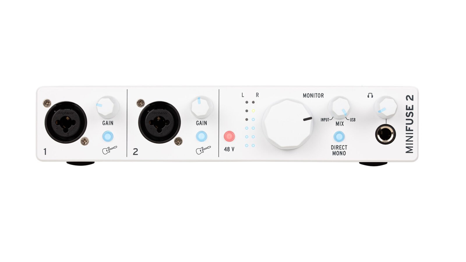 Painel frontal da interface de áudio Arturia MiniFuse 2 branca, com duas entradas combo XLR, botões de ganho, chave 48 V, medidor de nível e saída de fone