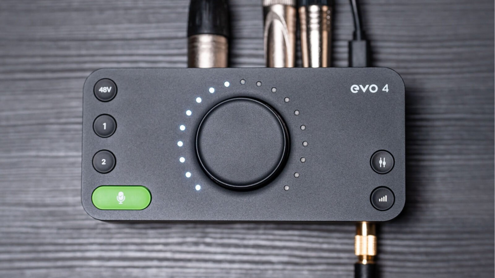Interface de áudio Audient EVO 4 vista de cima, com botão de volume iluminado e cabos XLR conectados