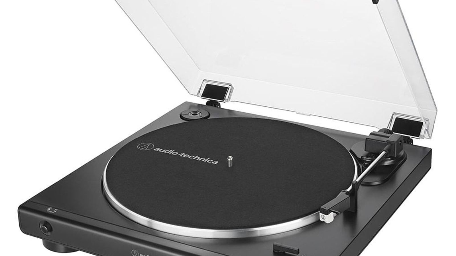 Toca-discos Audio-Technica AT-LP60X preto com tampa de acrílico aberta