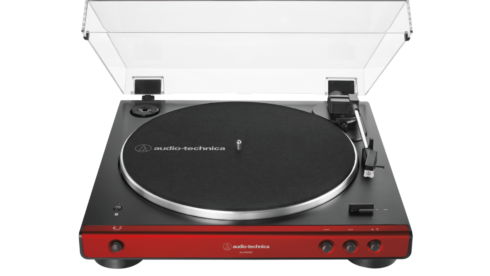 Toca-discos Audio-Technica AT-LP60XBT vermelho e preto com tampa de acrílico aberta, visto de frente