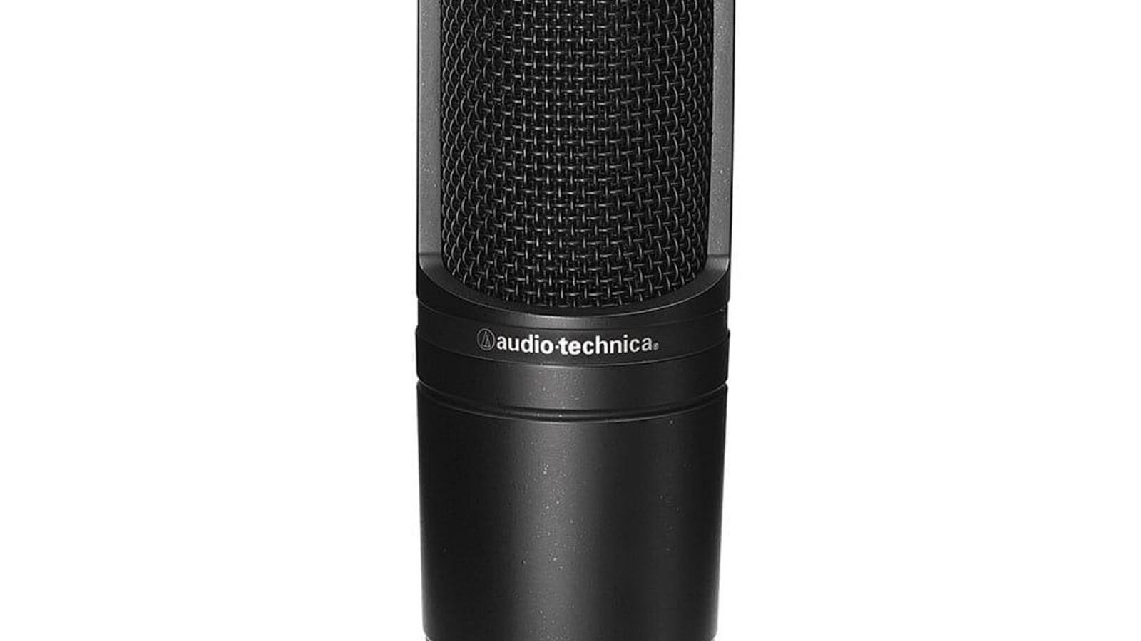 Microfone condensador Audio-Technica AT2020 preto, de endereçamento lateral, com conector XLR na base