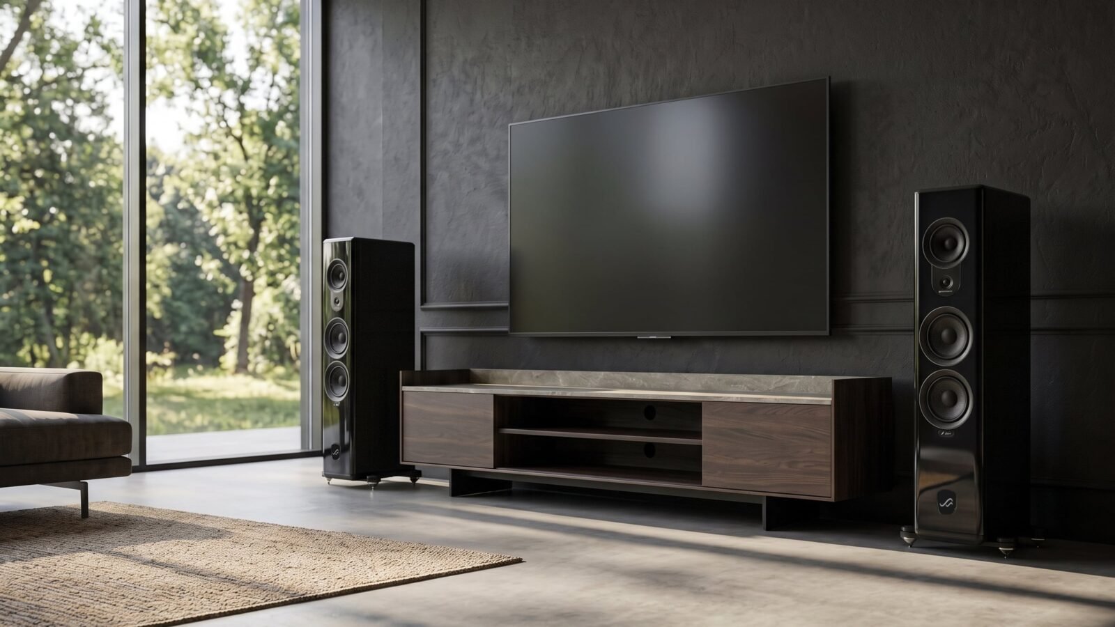 Par de caixas torre AudioSolutions Overture G4 em preto brilhante ao lado de um rack de TV em uma sala de estar moderna