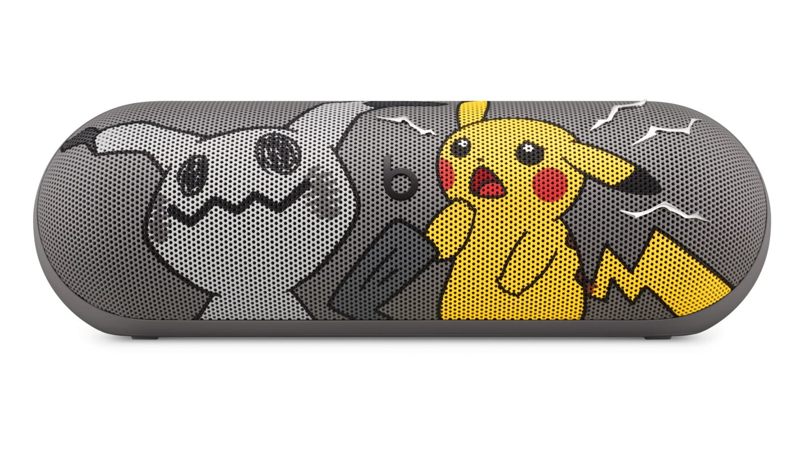Caixa Bluetooth Beats Pill edição Pokémon amarela com Pikachu e Mimikyu na grade