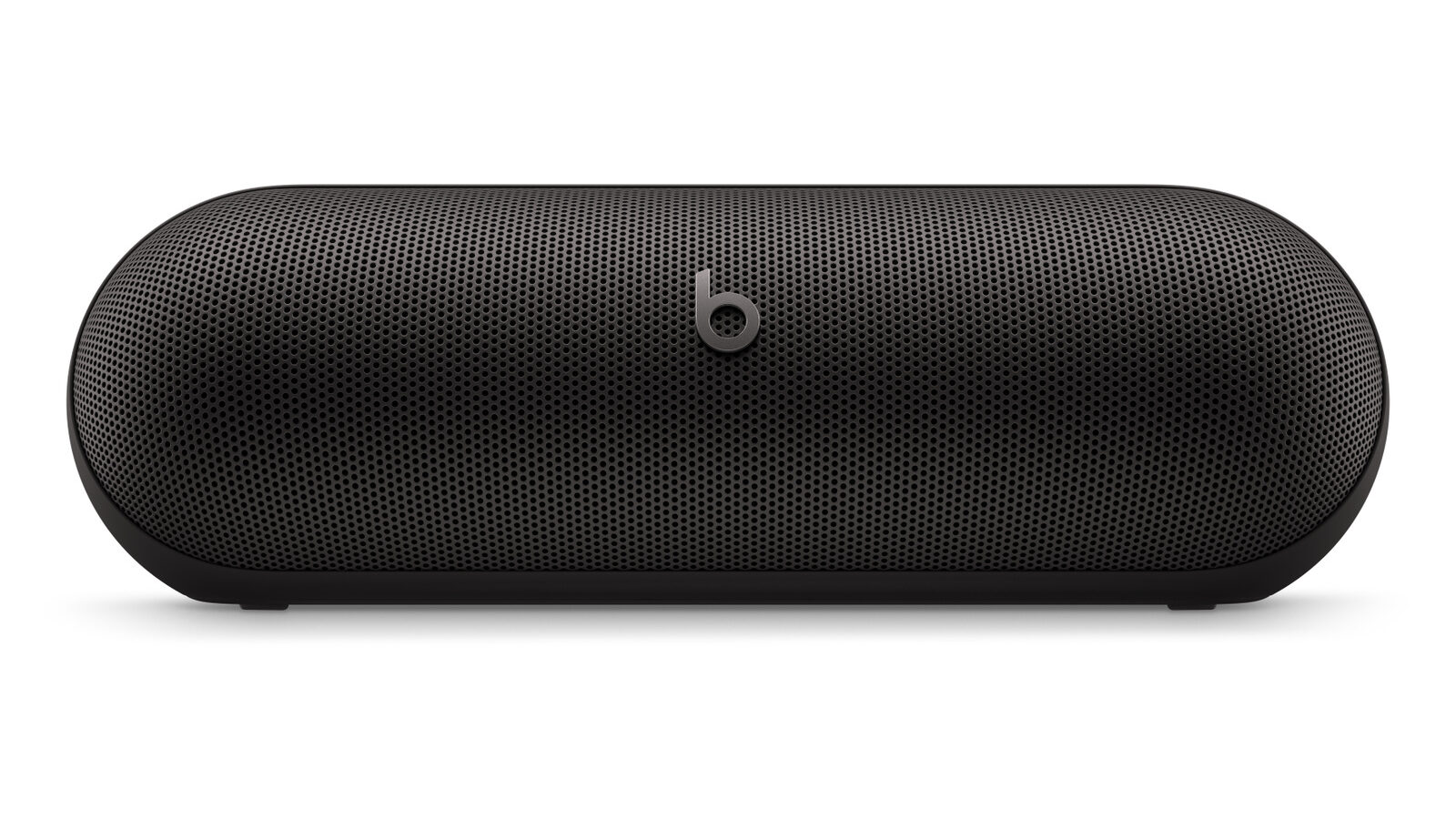 Caixa de som Bluetooth Beats Pill na cor preto fosco, vista de frente, com grade metálica e logotipo da Beats ao centro