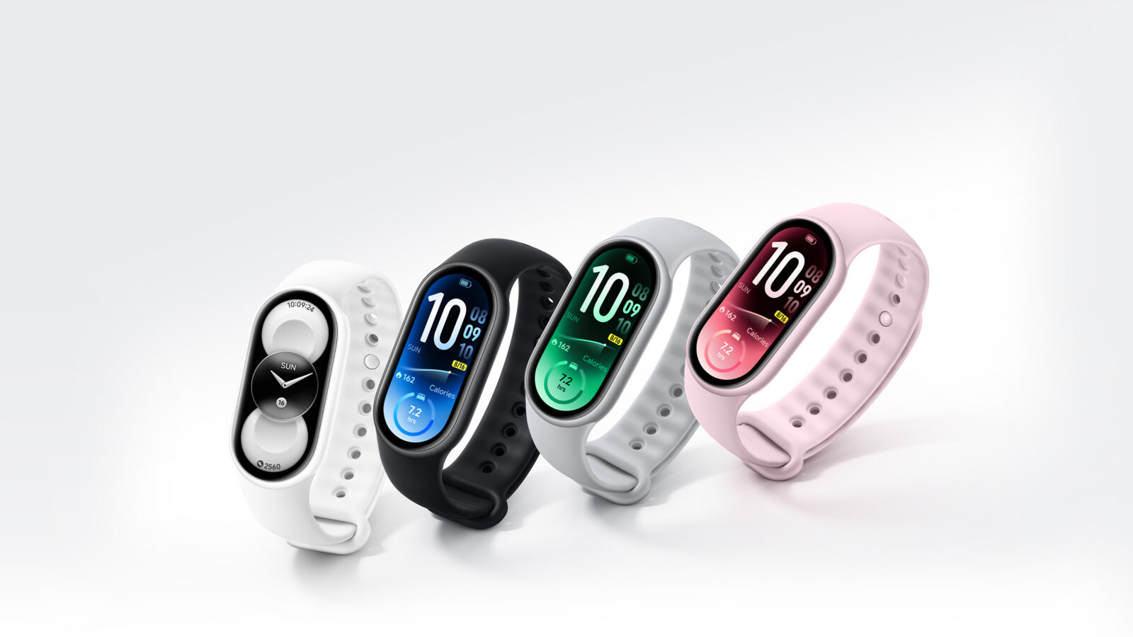 Xiaomi Smart Band 11 nas cores branco perola, preto, prata e rosa, com tela AMOLED mostrando o relogio