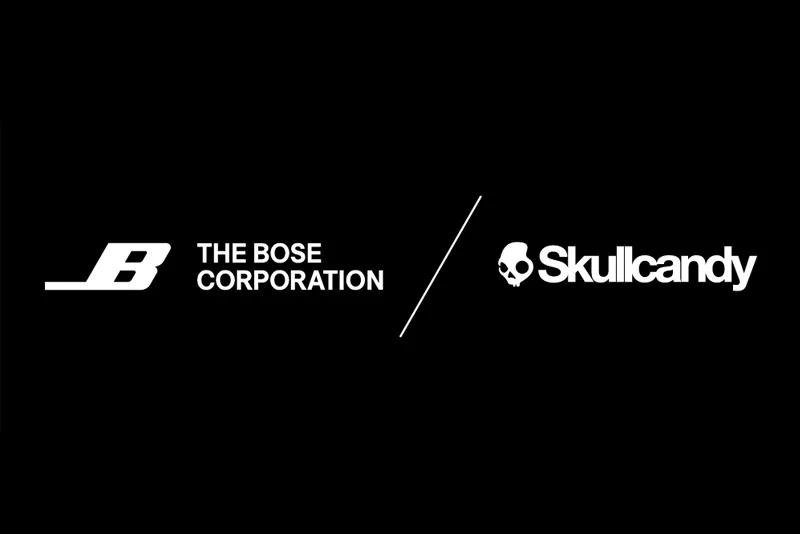 Logotipos da Bose e da Skullcandy lado a lado sobre fundo preto, imagem oficial do anúncio da aquisição