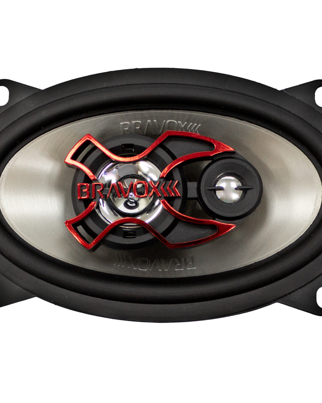 Alto-falante triaxial oval Bravox da linha X, com detalhe vermelho e logotipo da marca, em foto do fabricante