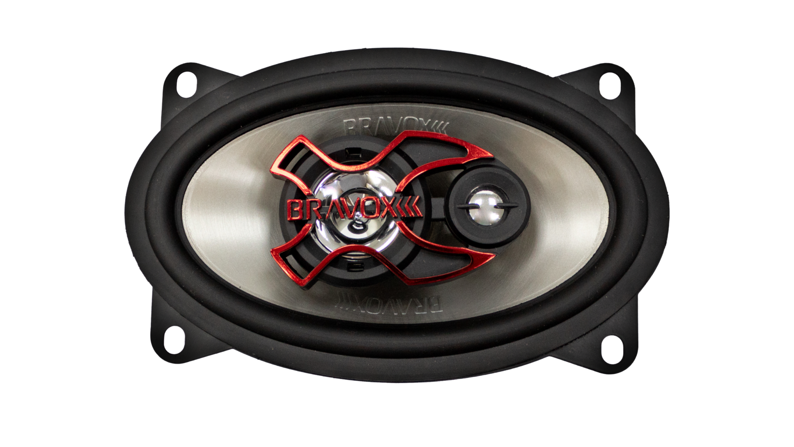 Alto-falante triaxial oval Bravox da linha X, com detalhe vermelho e logotipo da marca, em foto do fabricante